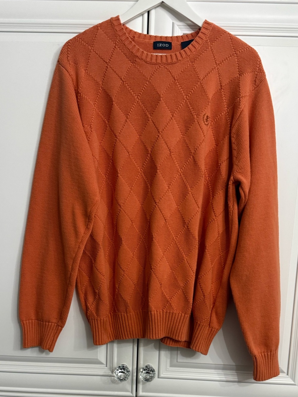 VTG IZOD Peach/Orange Argyle Diamond‑Pattern Knit Crewneck Sweater Size Large